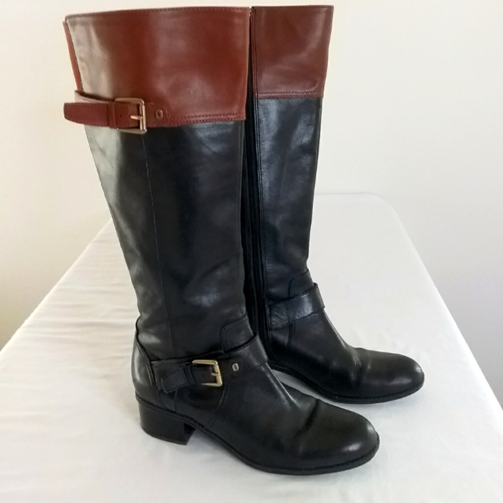 Bandolino BD7 Coppa Women's Tall Leather Riding Boots 7 Black Brown Two-Tone